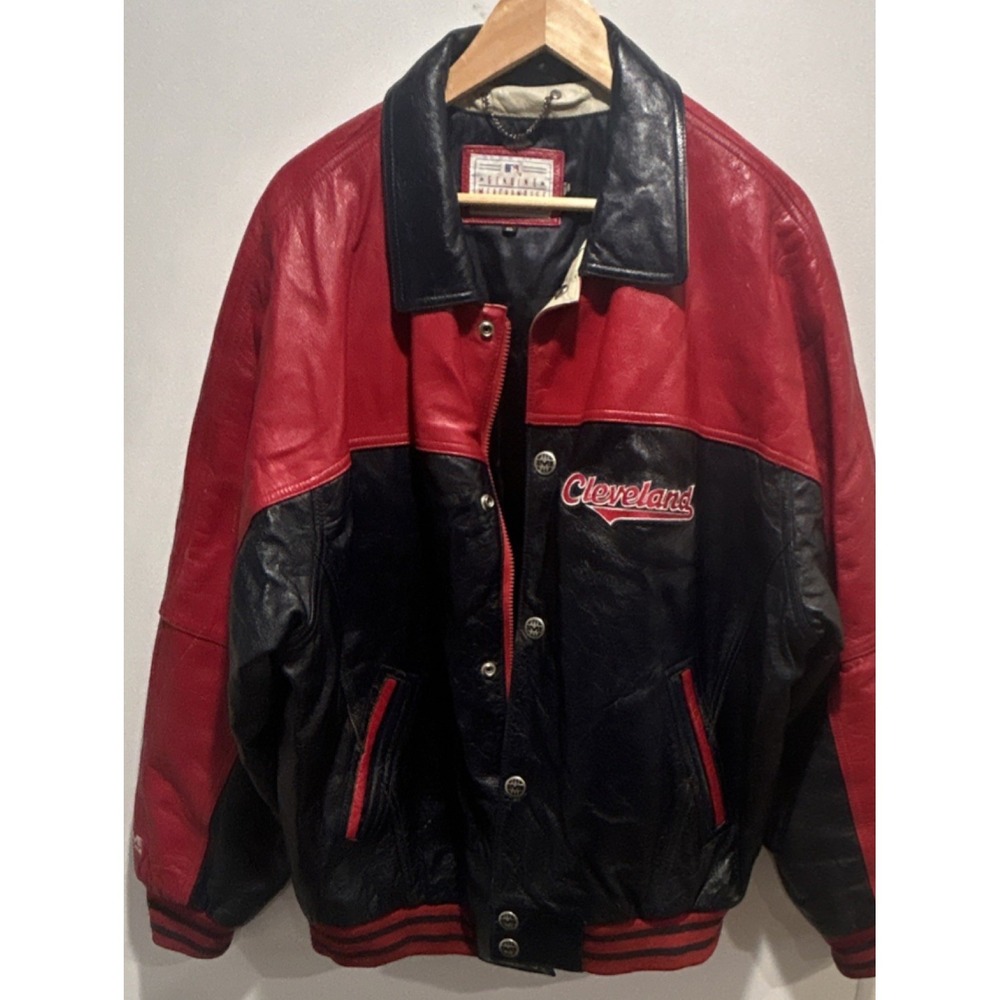 Rare Mirage Cleveland Indians MLB Genuine Leather Jacket Red Navy Blue XL